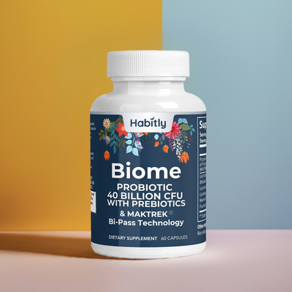 A bottle of &quot;Biome Probiotic 40 Billion CFU with MAKTrek&quot; by Habitly, featuring a floral white label, offers &quot;40 billion CFU with prebiotics&quot; and the state-of-the-art MAKTrek® Bi-Pass Technology. This dietary supplement contains 60 capsules to enhance your wellness journey.